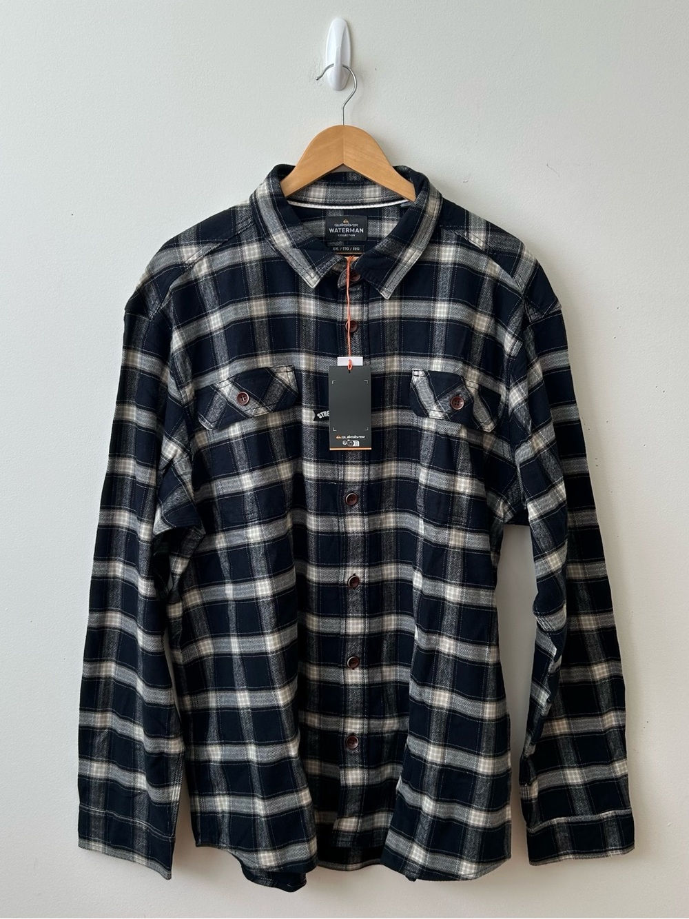 Quiksilver Waterman Sundowner Men's 2XL Blue White Plaid Flannel Stretch Shirt